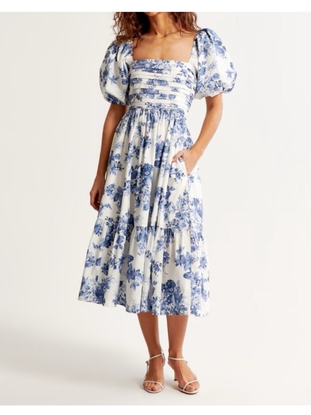 Abercrombie & Fitch Emerson Poplin Puff Sleeve Blue White Tiered Midi Sundress M